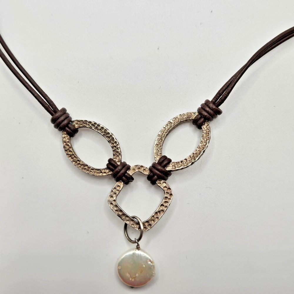 Silpada Sterling Silver Necklace Coin Pearl Leather Cord 18" Adjustable